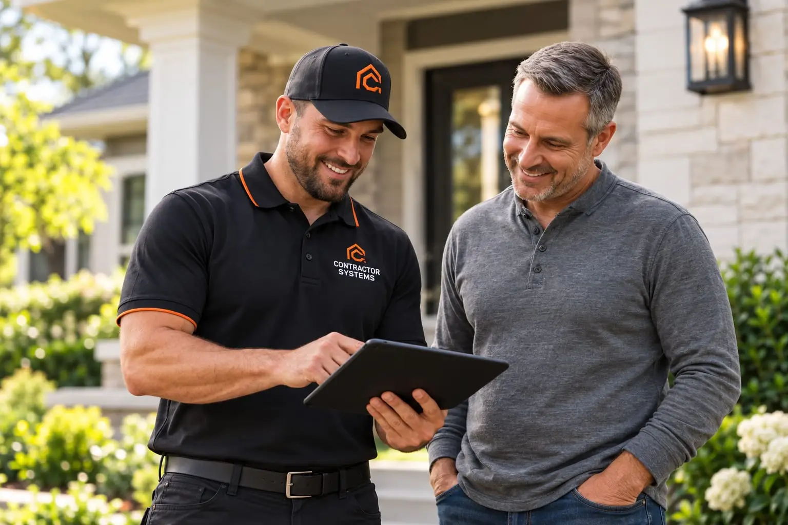 Contractor Systems rep in a branded cap and polo showing a smiling homeowner something on a tablet outside the house