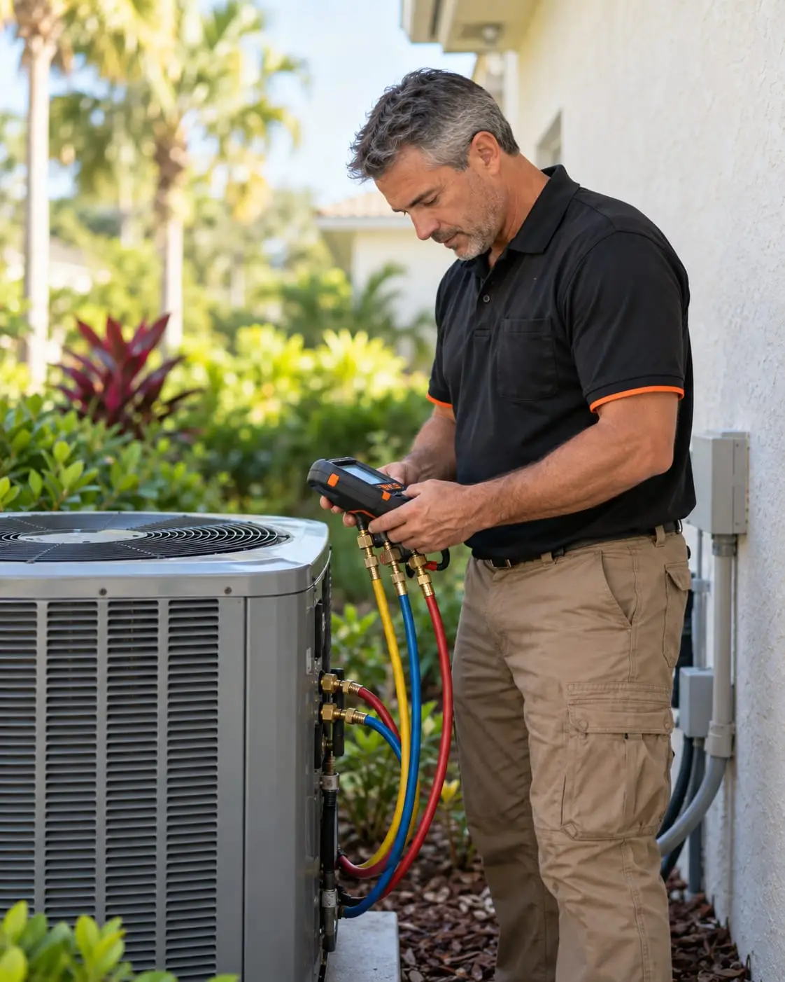 HVAC technician reading a digital refrigerant gauge connected to an outdoor AC unit beside a stucco home