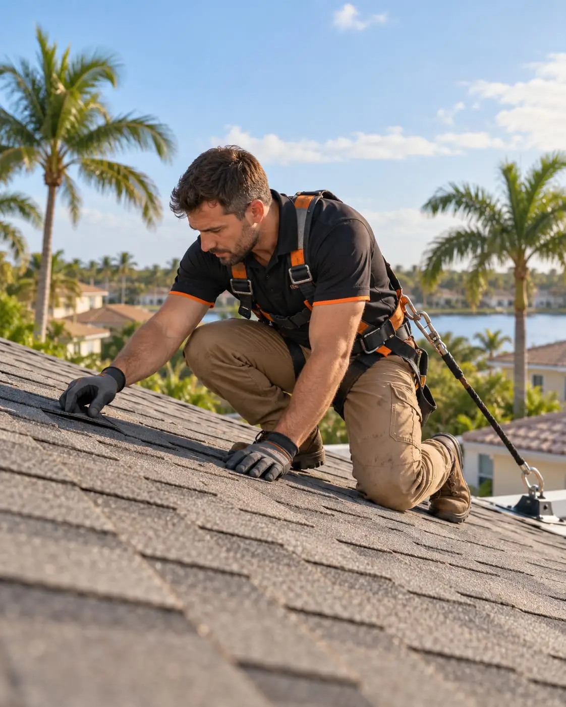 Roofer in a safety harness checking shingles on a Florida roof, palm trees and a lake behind him